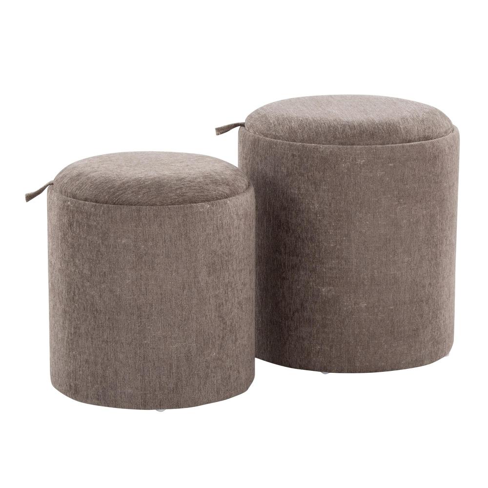 Brown Fabric, Natural Wood Tray Nesting Ottoman Set. Picture 1