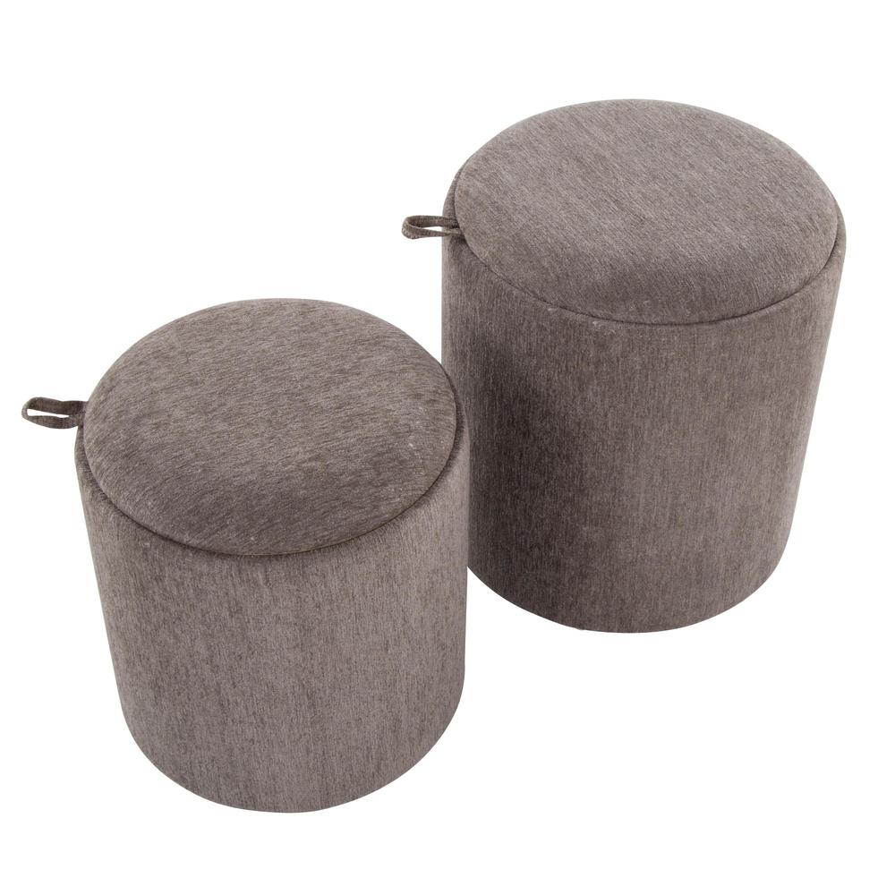 Brown Fabric, Natural Wood Tray Nesting Ottoman Set. Picture 2