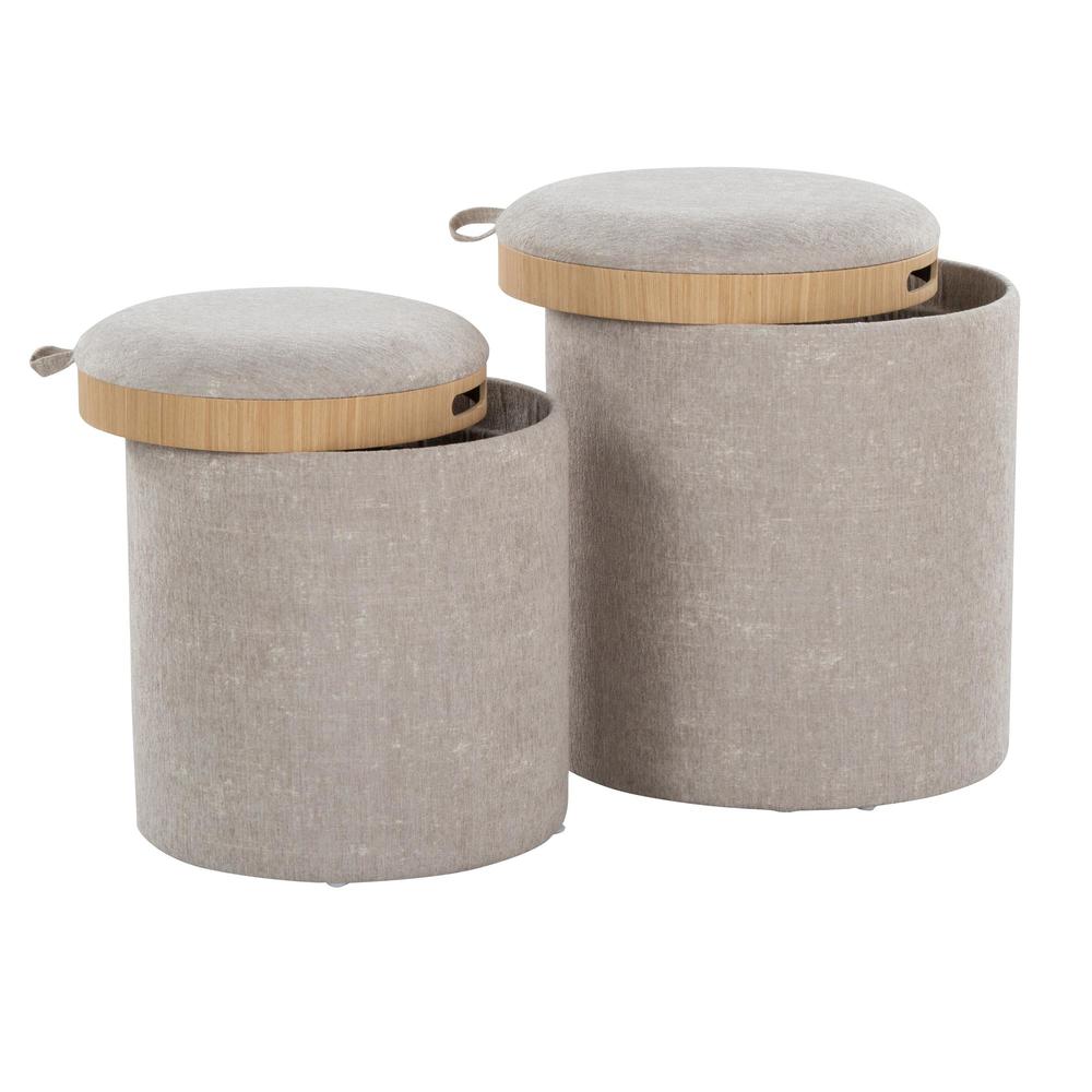 Light Brown Fabric, Natural Wood Tray Nesting Ottoman Set. Picture 3