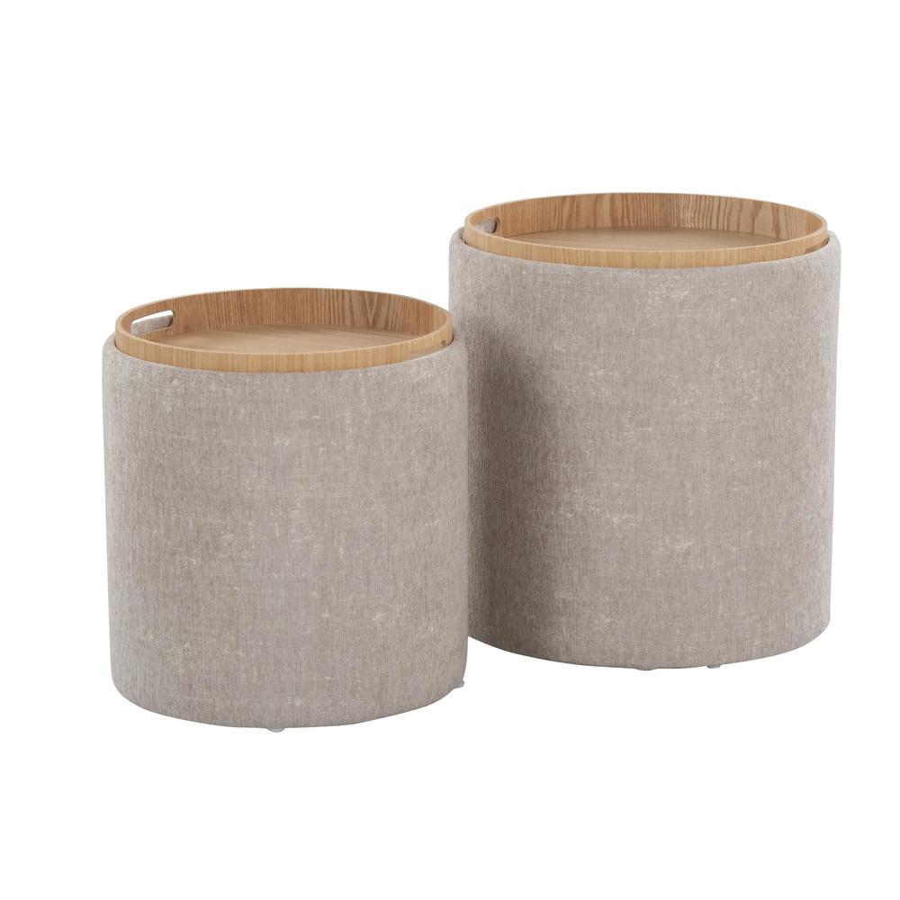 Light Brown Fabric, Natural Wood Tray Nesting Ottoman Set. Picture 4