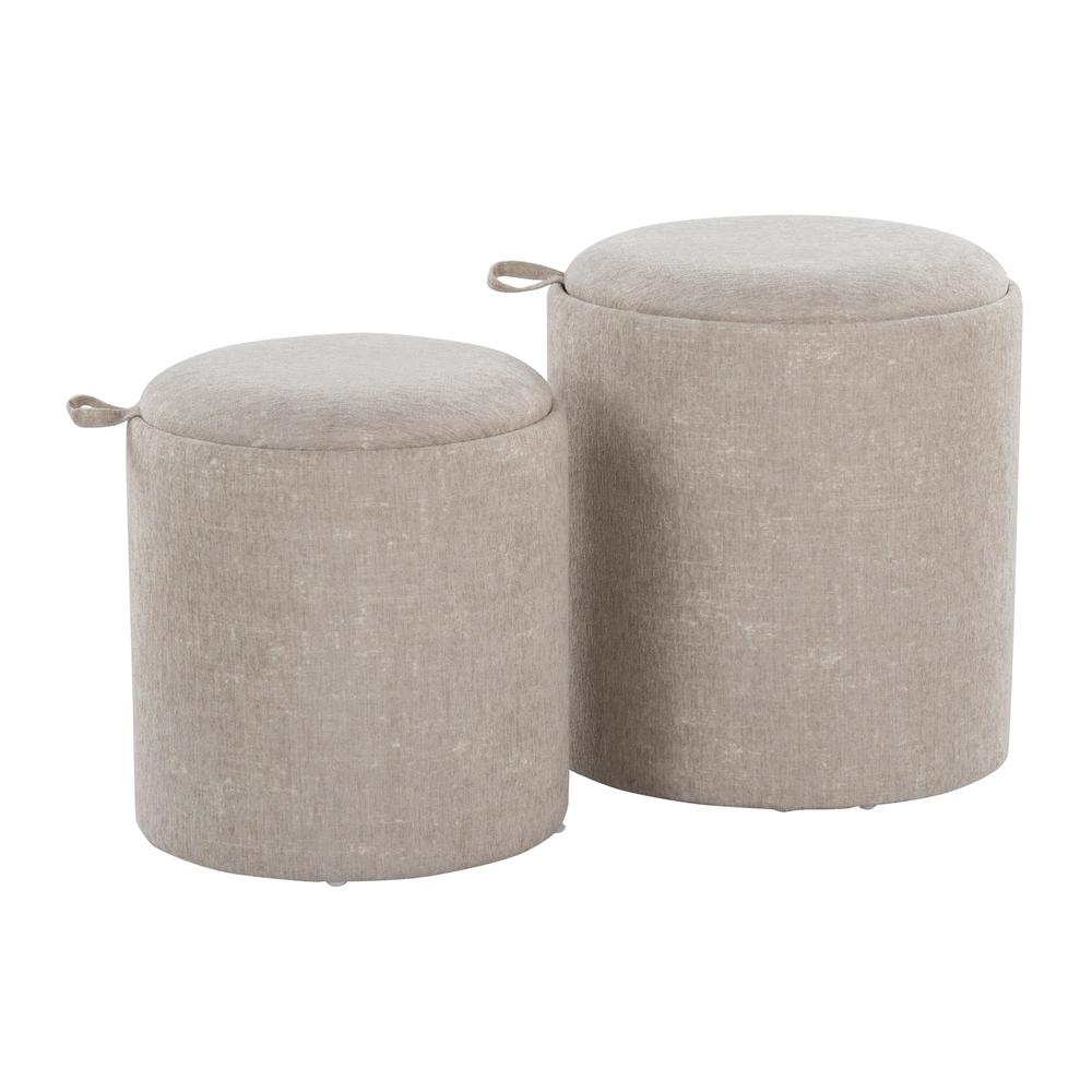 Light Brown Fabric, Natural Wood Tray Nesting Ottoman Set. Picture 1