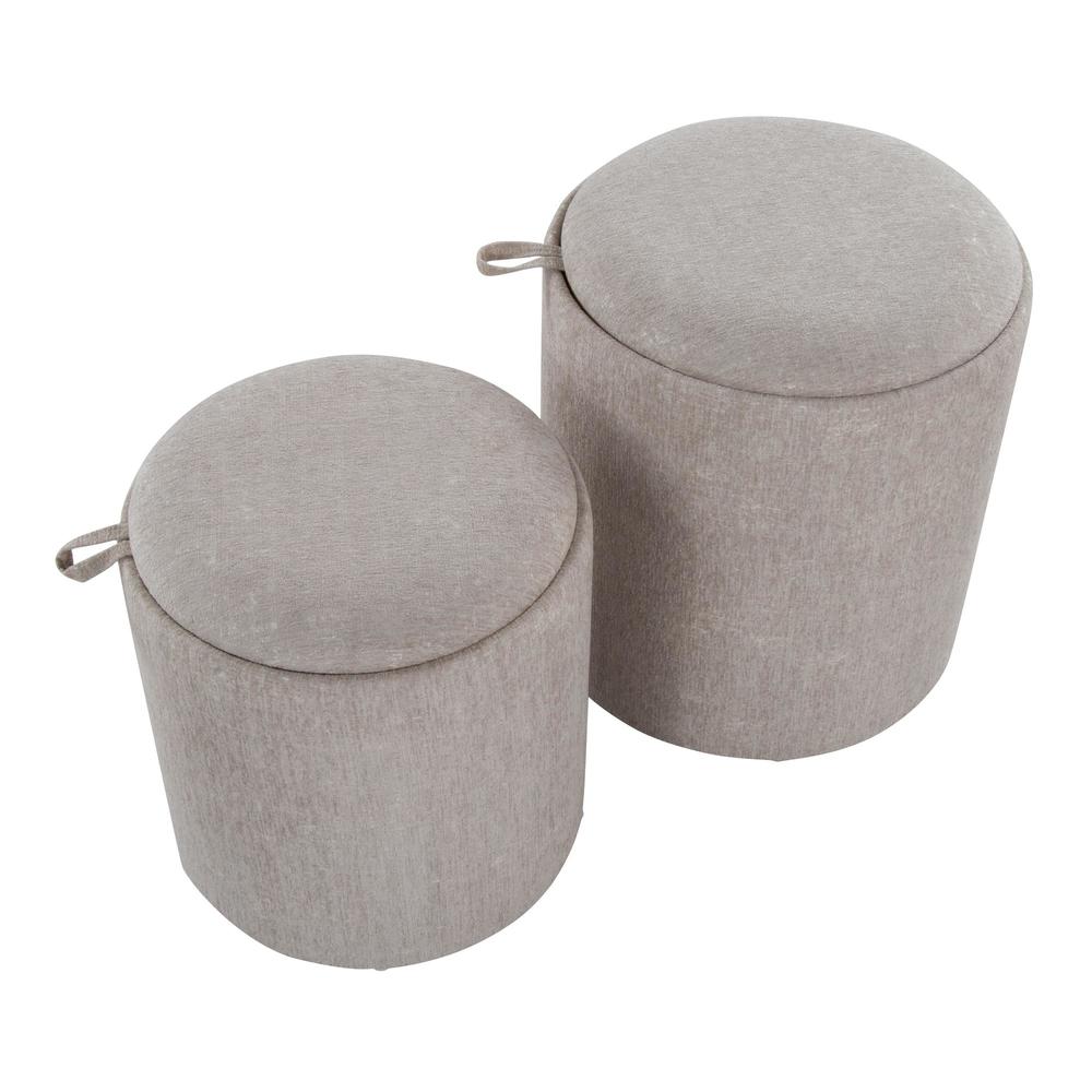 Light Brown Fabric, Natural Wood Tray Nesting Ottoman Set. Picture 2