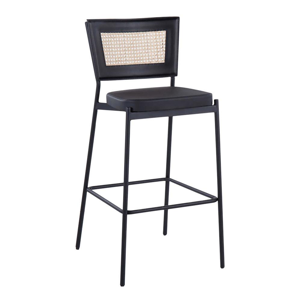Black Metal, Black PU, Rattan Rattan Tania Bar Stool - Set of 2. Picture 2