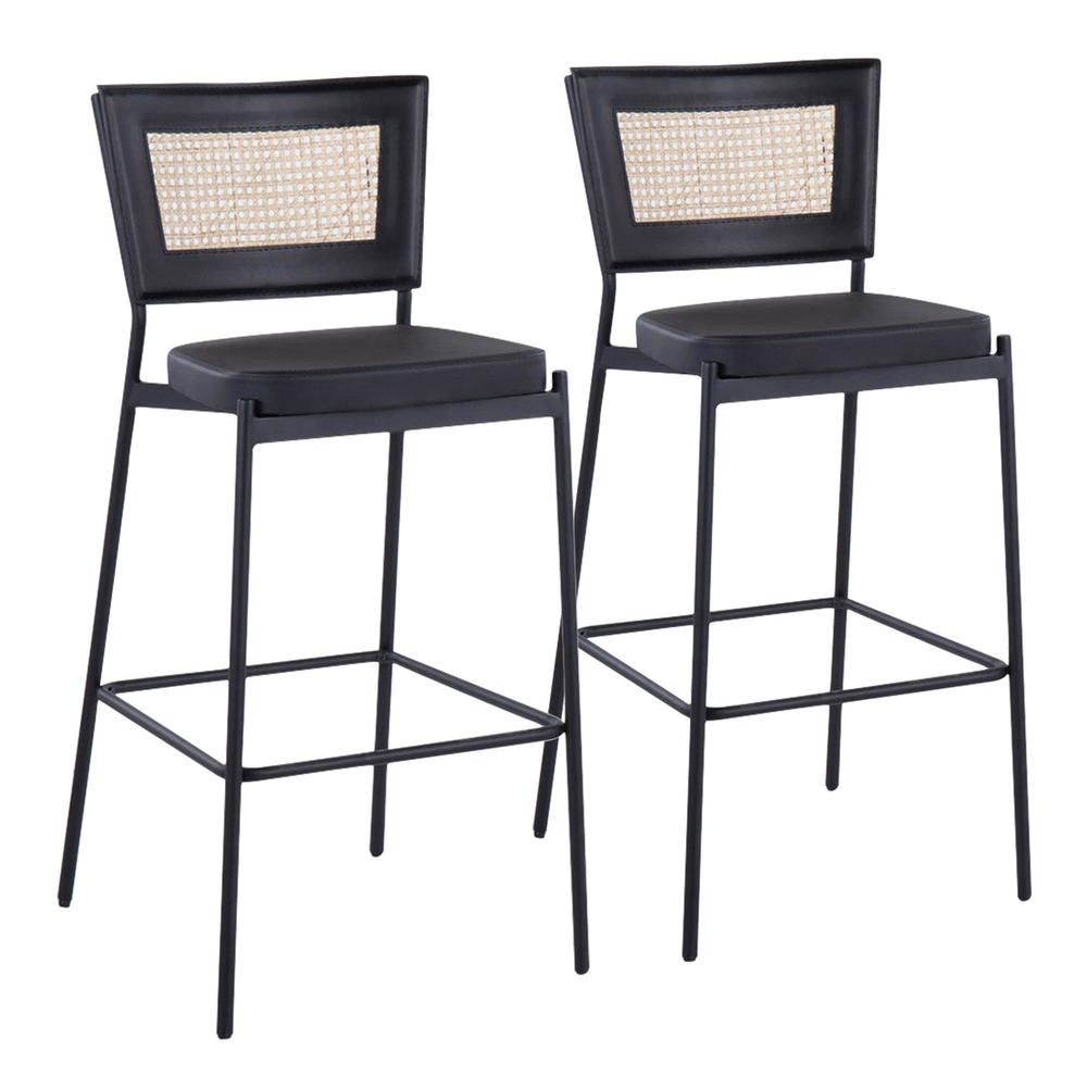 Black Metal, Black PU, Rattan Rattan Tania Bar Stool - Set of 2. Picture 1