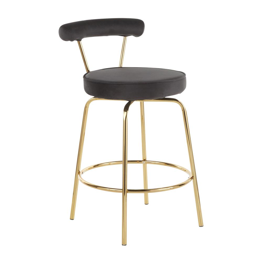 Gold Metal, Black Velvet Rhonda Counter Stool - Set of 2. Picture 2