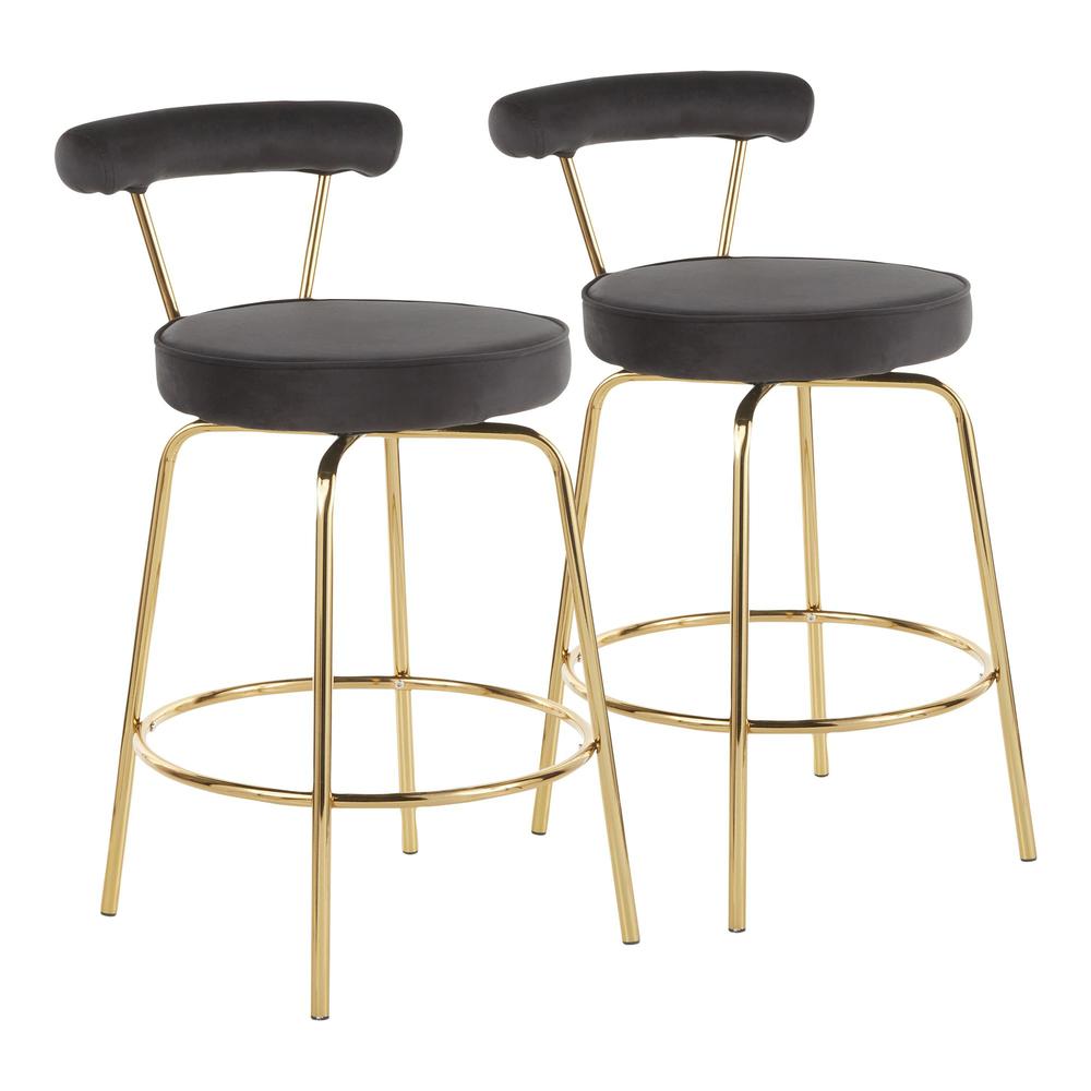 Gold Metal, Black Velvet Rhonda Counter Stool - Set of 2. Picture 1