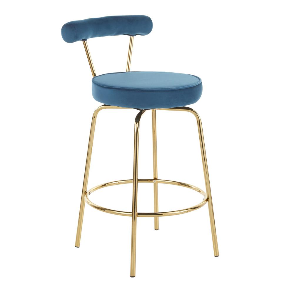Gold Metal, Blue Velvet Rhonda Counter Stool - Set of 2. Picture 2