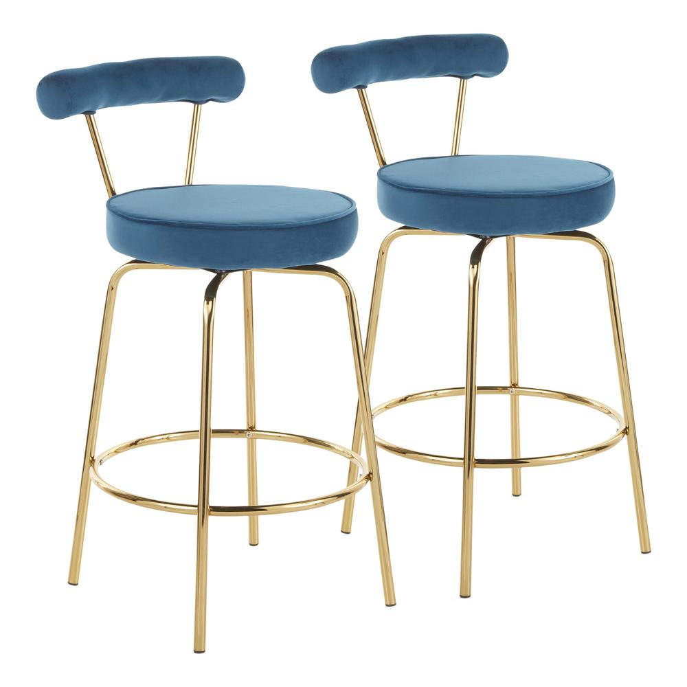 Gold Metal, Blue Velvet Rhonda Counter Stool - Set of 2. Picture 1