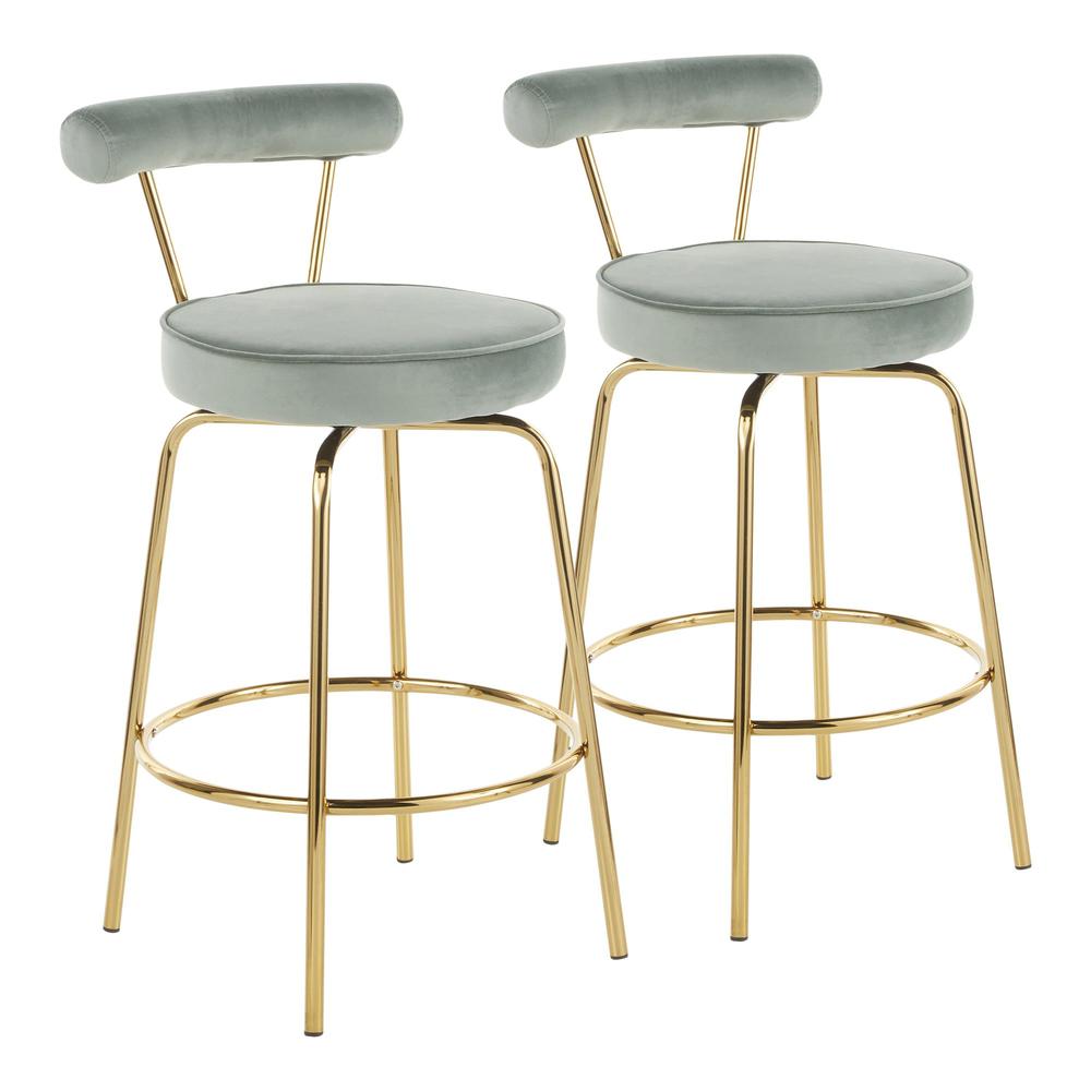 Gold Metal, Sage Green Velvet Rhonda Counter Stool - Set of 2. Picture 1