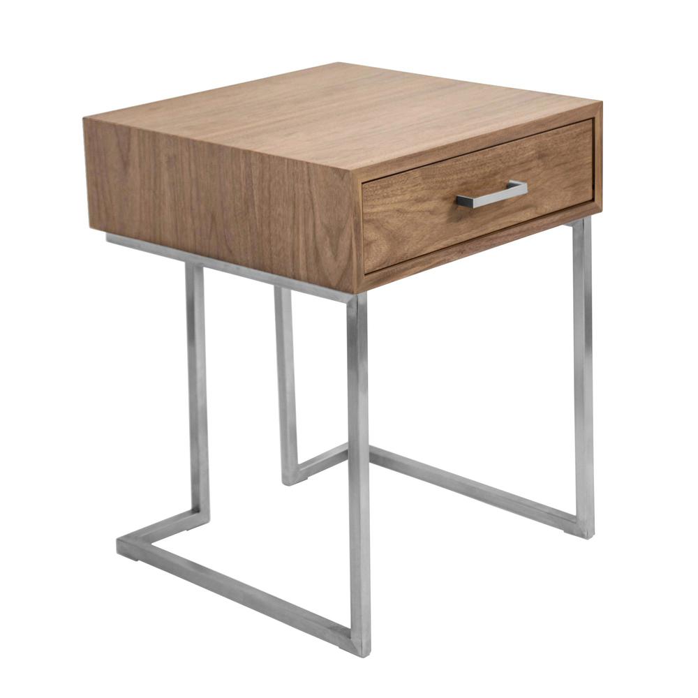 Walnut Wood, Stainless Steel Silver Frame Roman End Table. Picture 1