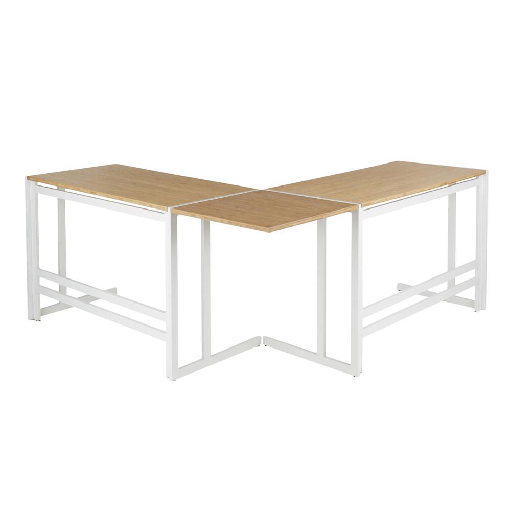 White Metal, Natural Bamboo Roman Office Desk - L Shaped Set. Picture 3