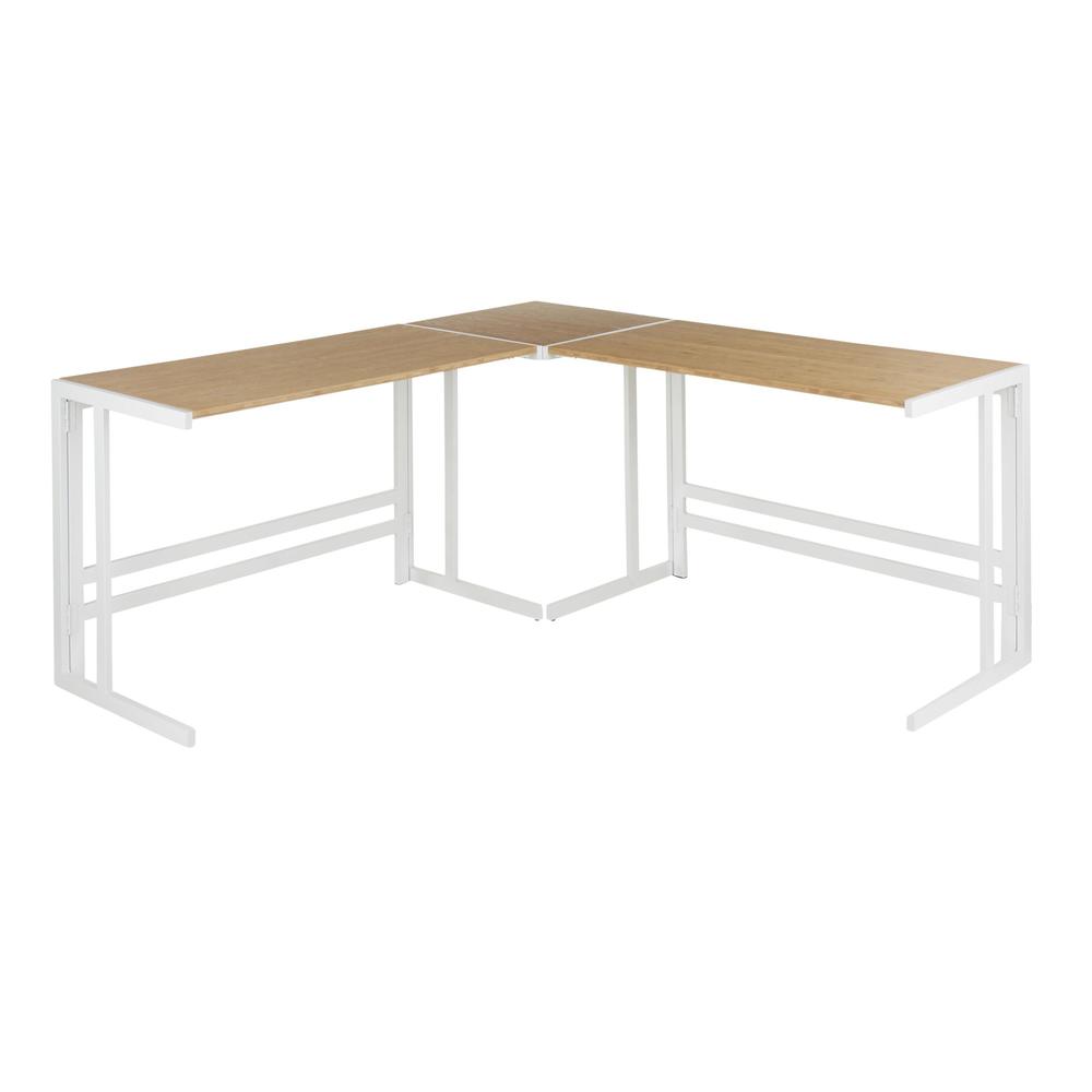 White Metal, Natural Bamboo Roman Office Desk - L Shaped Set. Picture 1