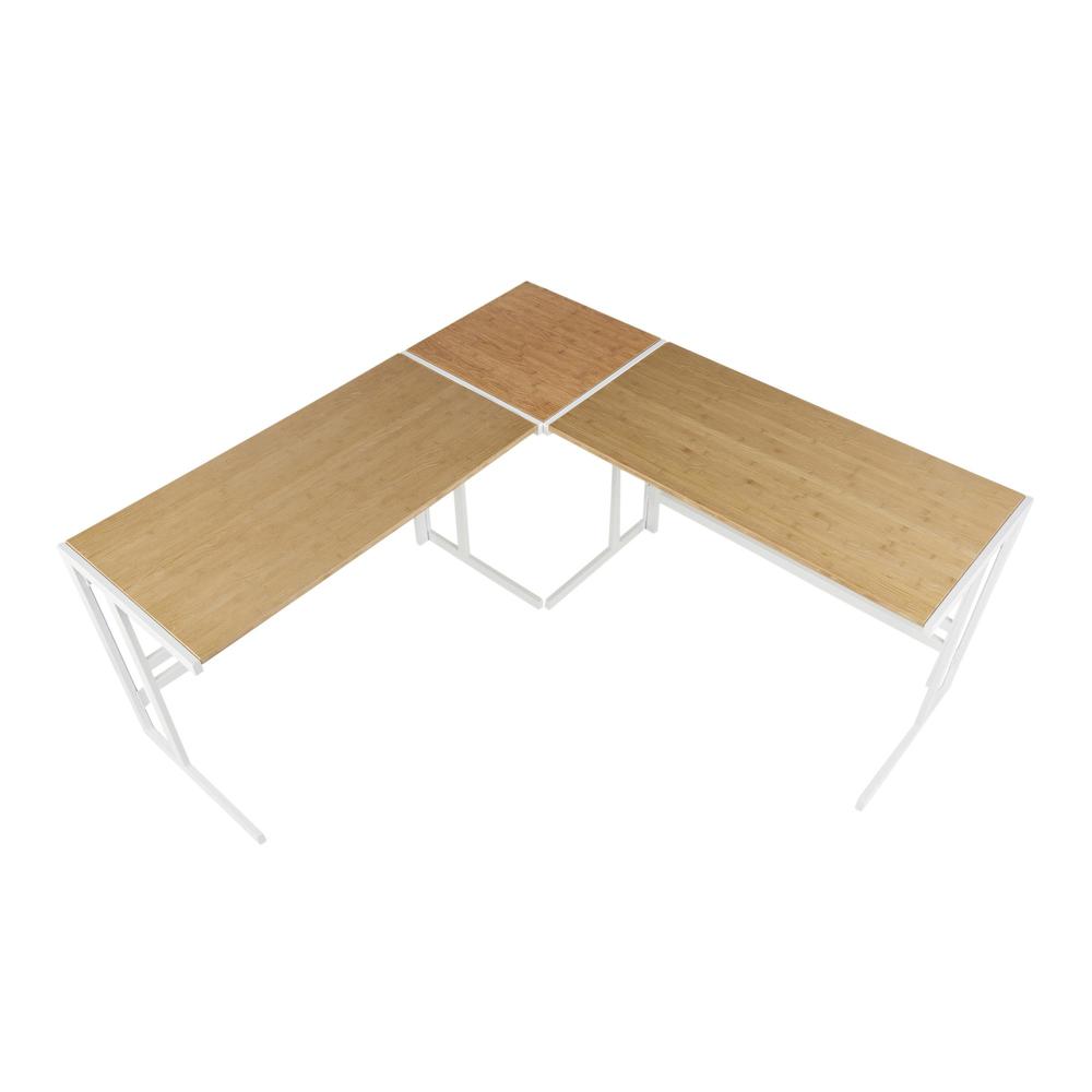 White Metal, Natural Bamboo Roman Office Desk - L Shaped Set. Picture 4
