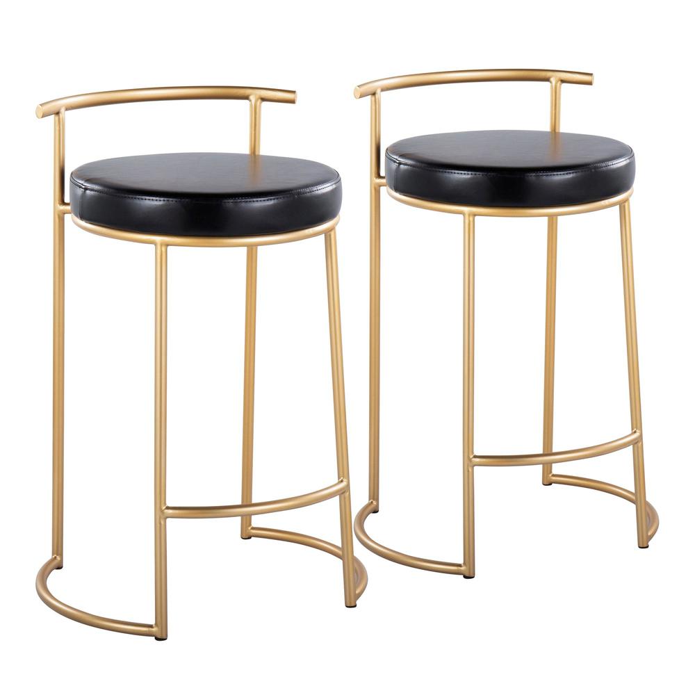 Gold Metal, Black PU Round Fuji 26" Fixed-Height Counter Stool - Set of 2. Picture 1