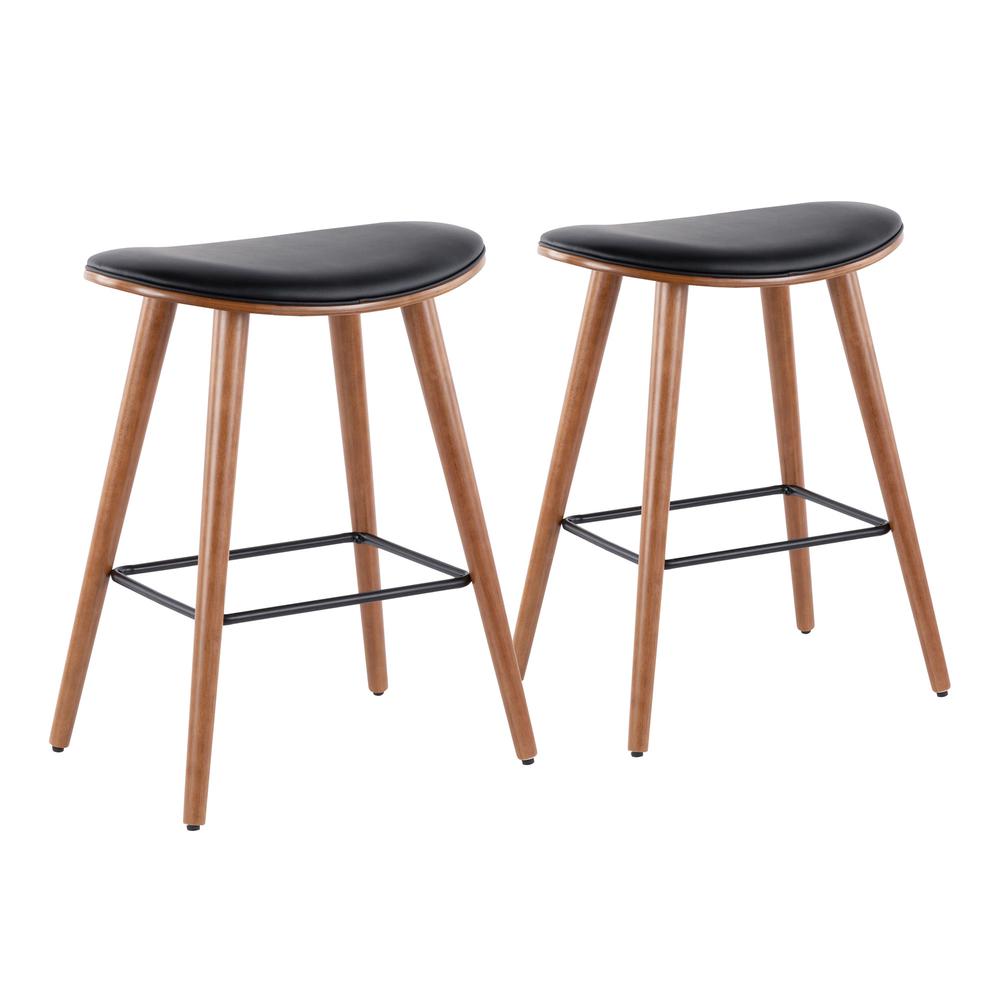 Walnut, Black PU Saddle Counter Stool - Set of 2. Picture 1