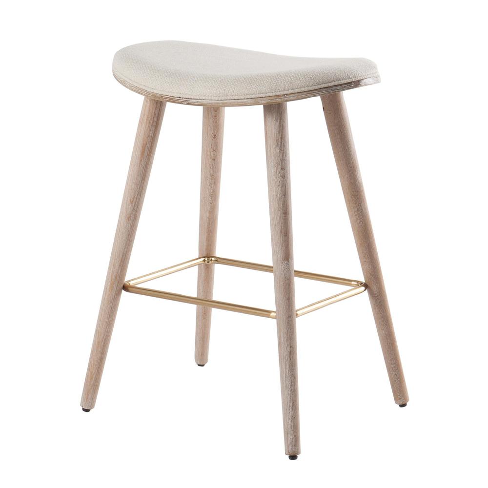 White Washed Wood, Gold Metal, Cream Fabric Saddle Counter Stool - Set of 2. Picture 4