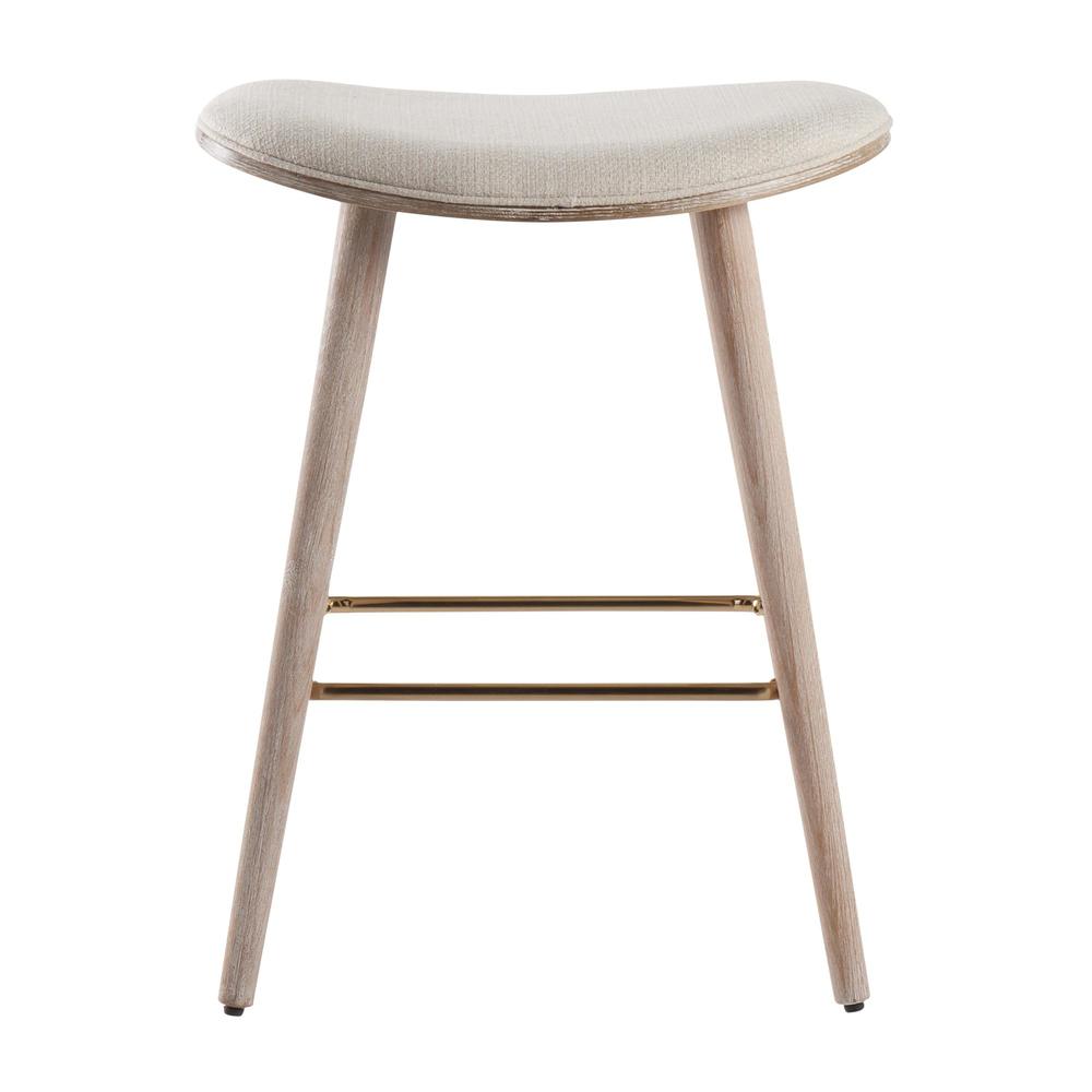 White Washed Wood, Gold Metal, Cream Fabric Saddle Counter Stool - Set of 2. Picture 6