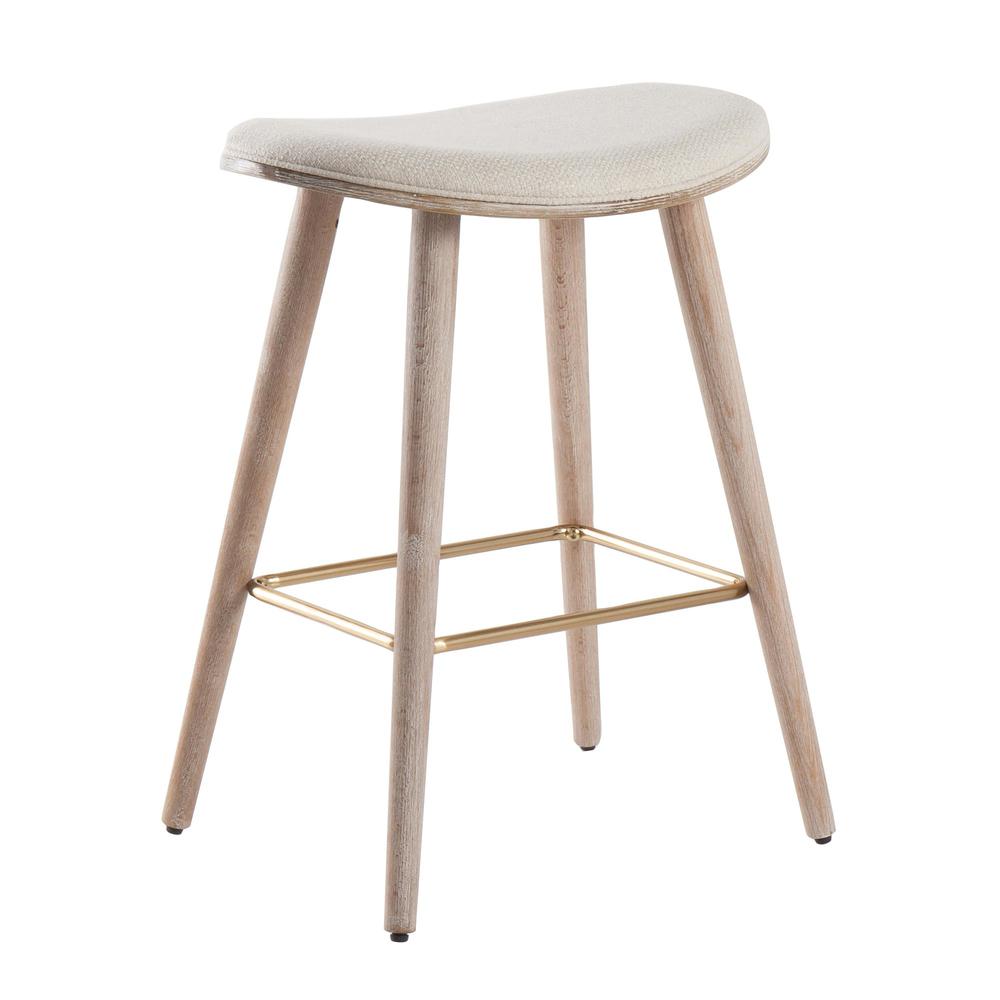 White Washed Wood, Gold Metal, Cream Fabric Saddle Counter Stool - Set of 2. Picture 2