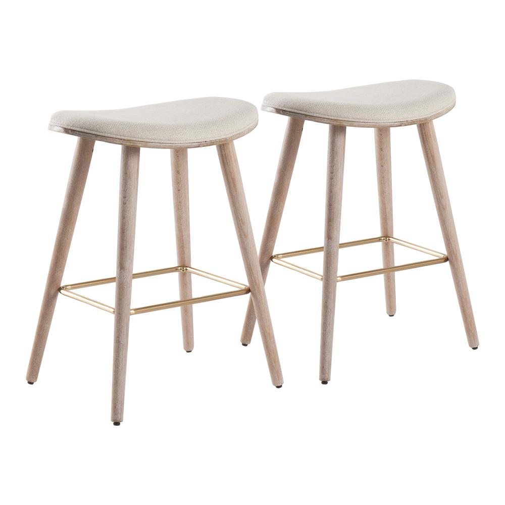 White Washed Wood, Gold Metal, Cream Fabric Saddle Counter Stool - Set of 2. Picture 1
