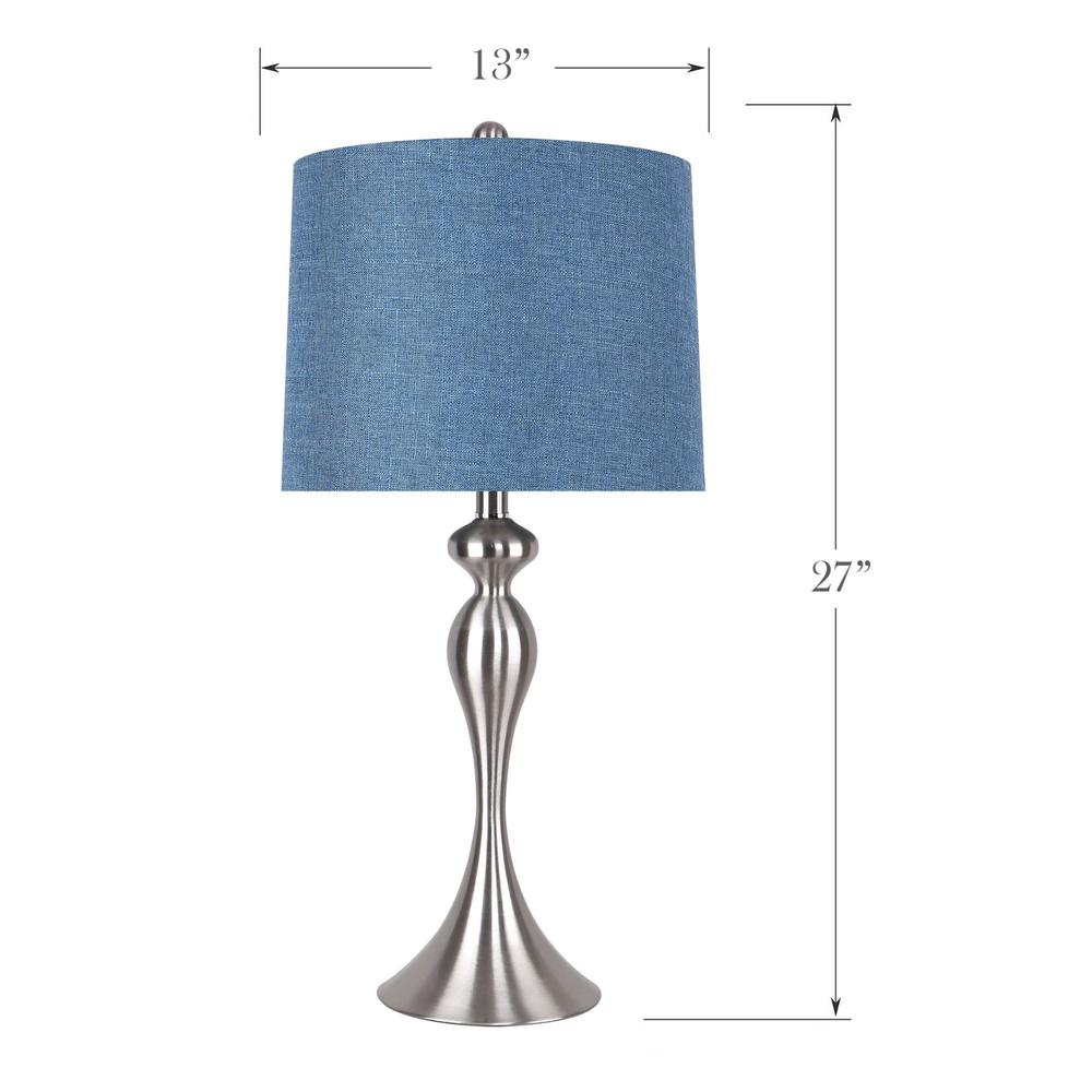 Brushed Nickel, Moroccan Blue Linen Ashland 27" Metal Table Lamp - Set of 2. Picture 6