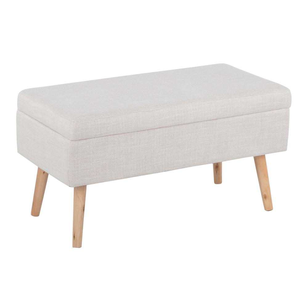 Natural Wood, Beige Fabric Storage Bench. Picture 1