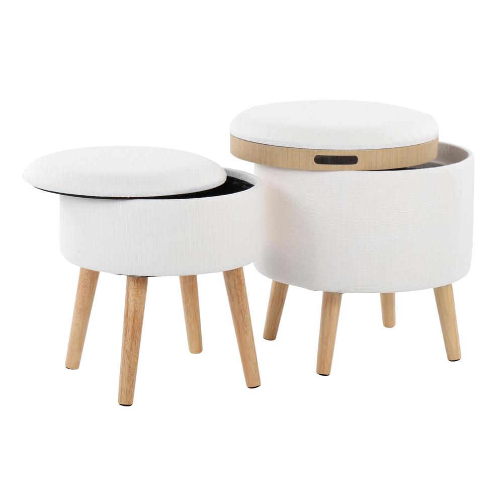 Natural Wood, Cream Fabric Tray Storage Ottoman Set. Picture 2
