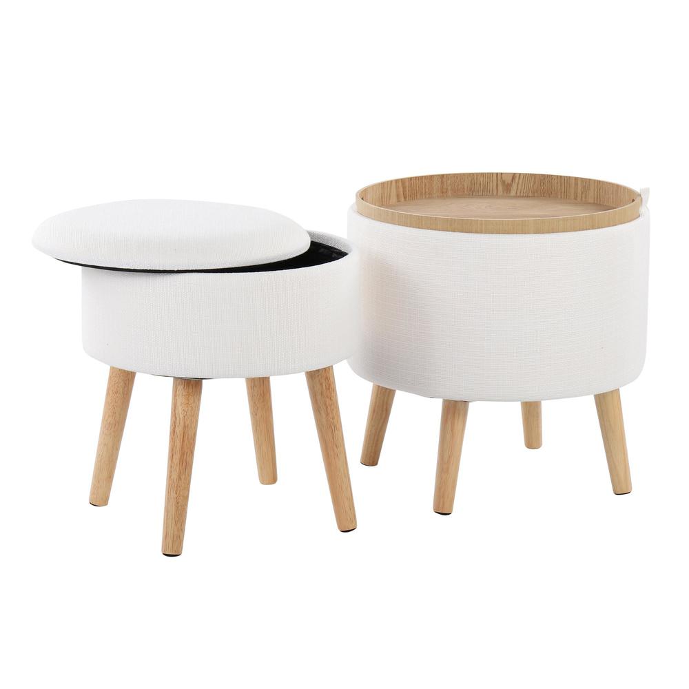 Natural Wood, Cream Fabric Tray Storage Ottoman Set. Picture 3