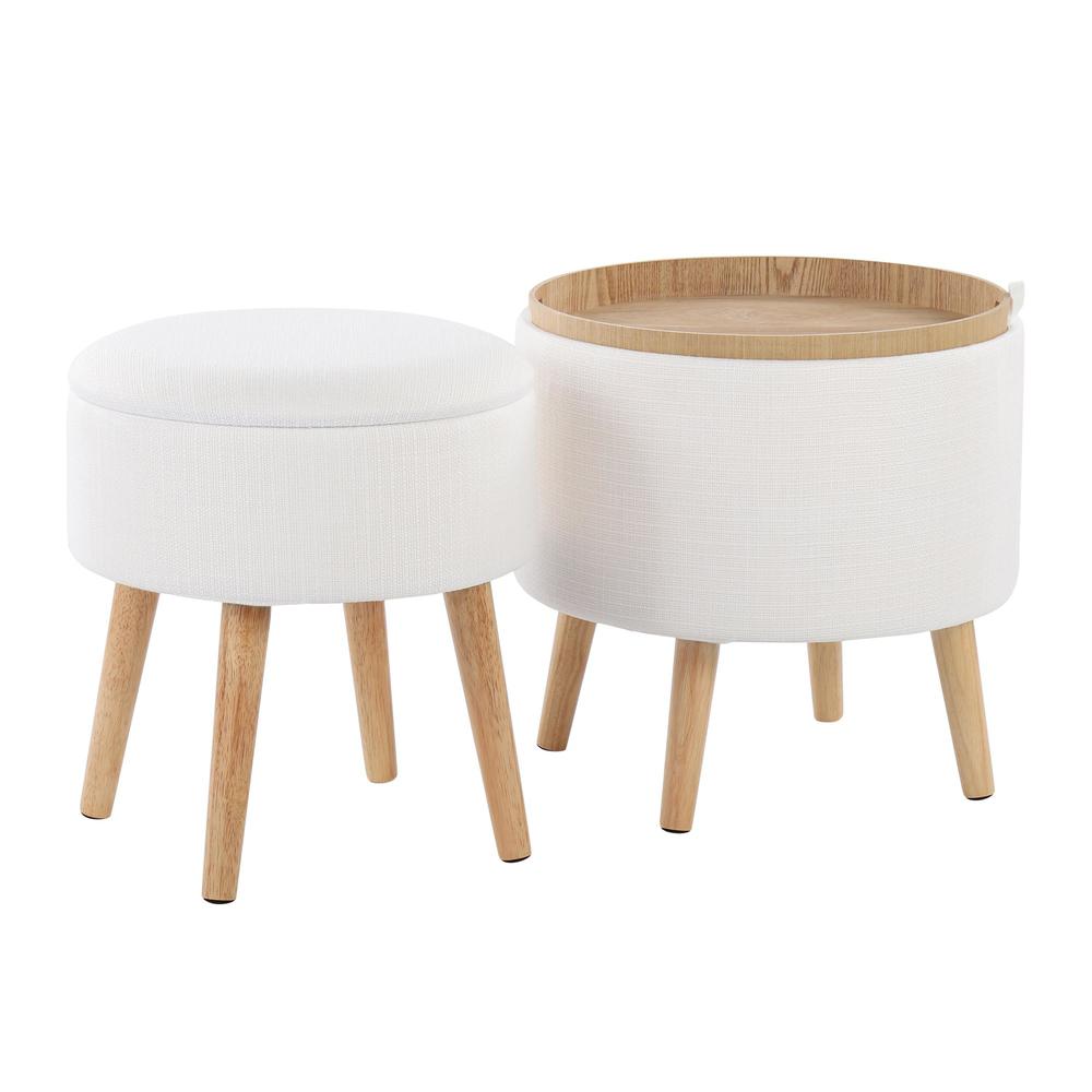 Natural Wood, Cream Fabric Tray Storage Ottoman Set. Picture 4