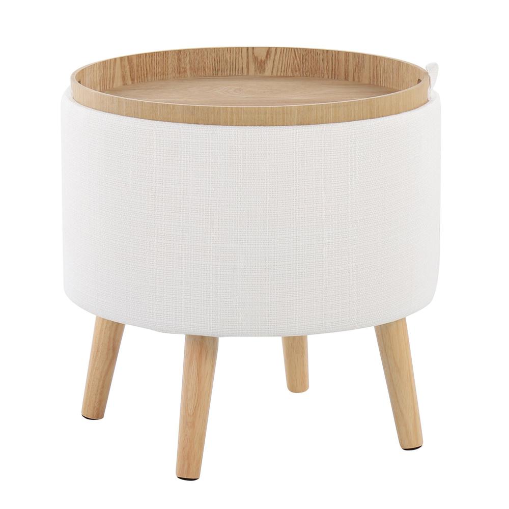 Natural Wood, Cream Fabric Tray Storage Ottoman Set. Picture 6