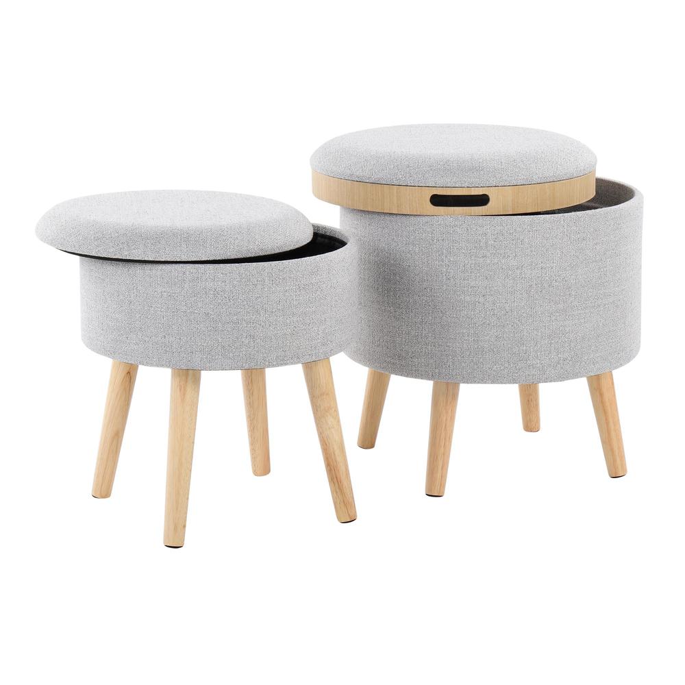 Natural Wood, Light Grey Fabric Tray Storage Ottoman Set. Picture 2