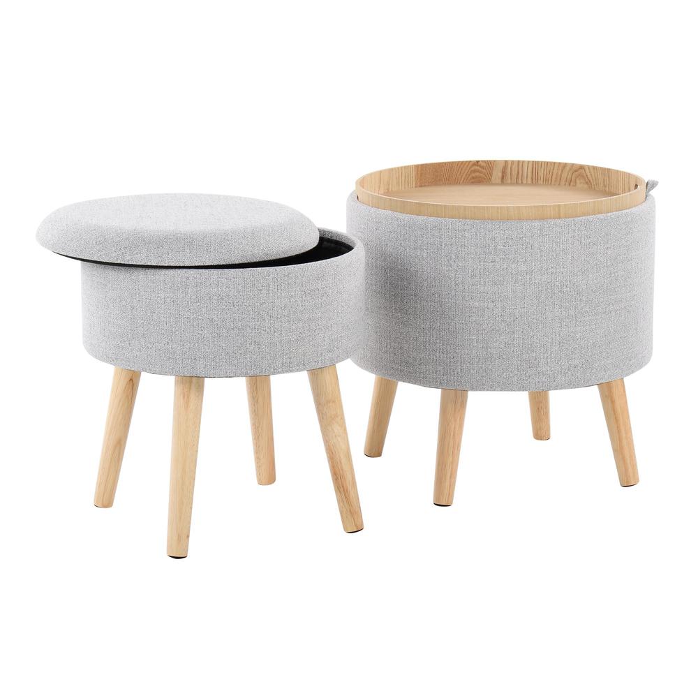 Natural Wood, Light Grey Fabric Tray Storage Ottoman Set. Picture 3