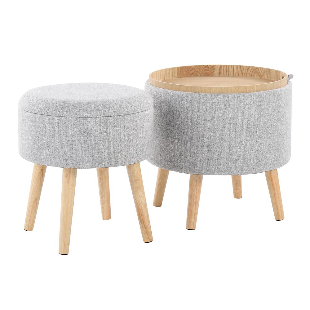 Natural Wood, Light Grey Fabric Tray Storage Ottoman Set. Picture 4