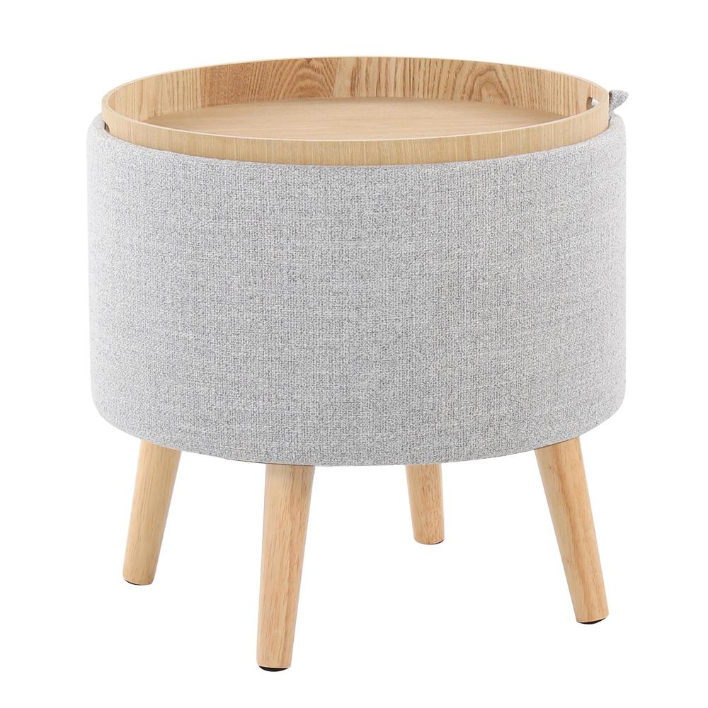Natural Wood, Light Grey Fabric Tray Storage Ottoman Set. Picture 7