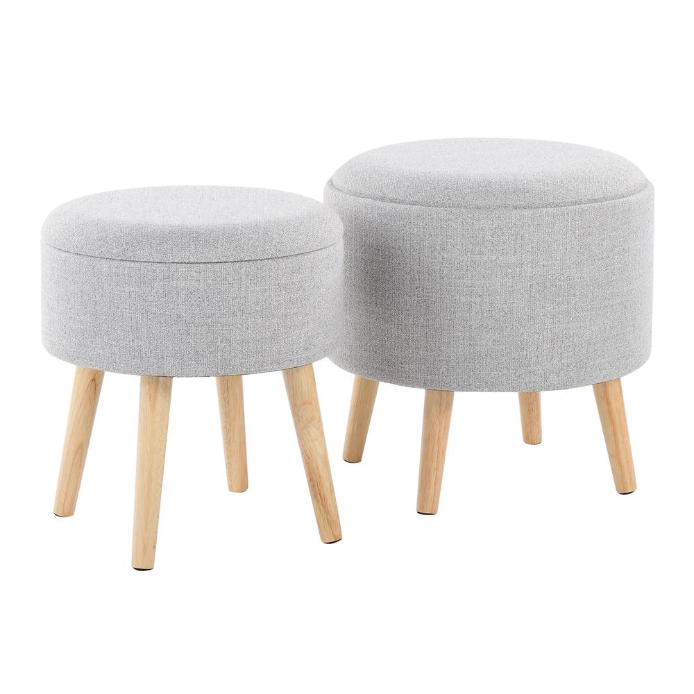 Natural Wood, Light Grey Fabric Tray Storage Ottoman Set. Picture 1