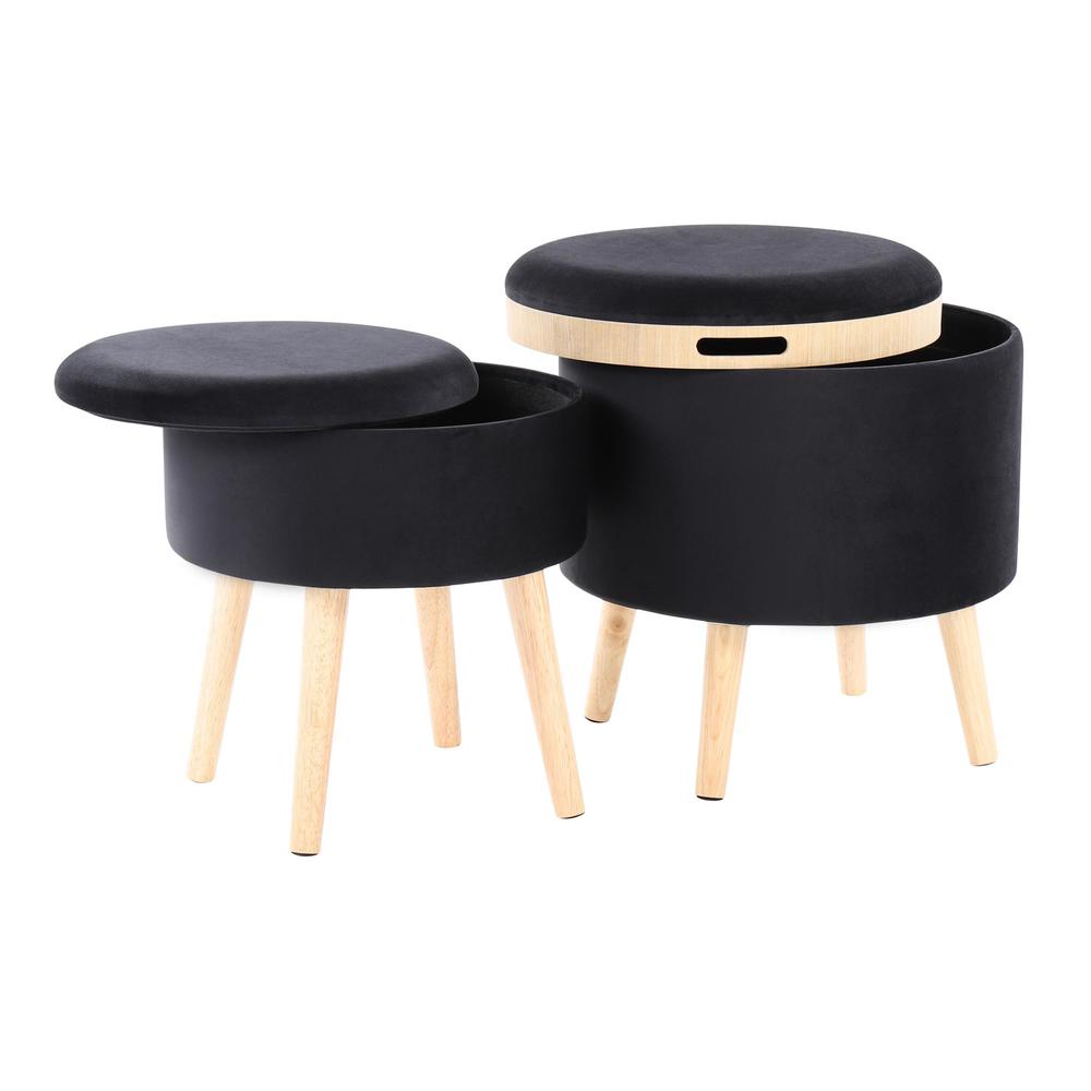 Natural Wood, Black Velvet Tray Storage Ottoman Set. Picture 2