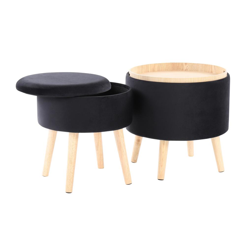 Natural Wood, Black Velvet Tray Storage Ottoman Set. Picture 3