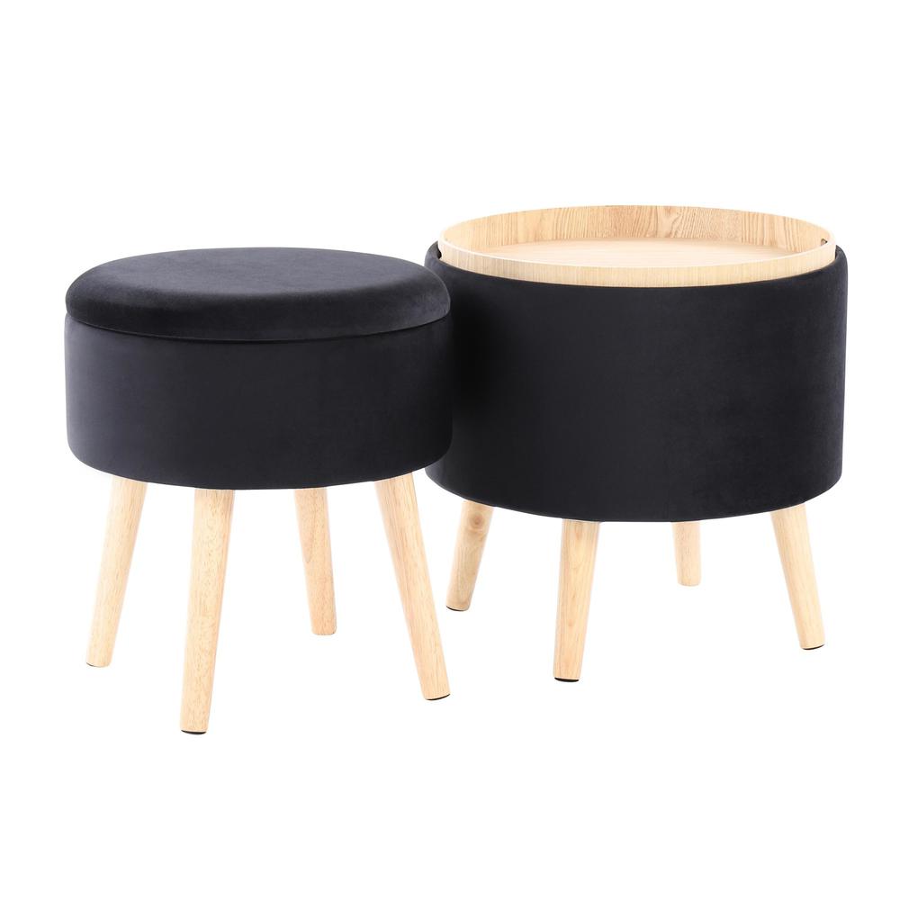 Natural Wood, Black Velvet Tray Storage Ottoman Set. Picture 4