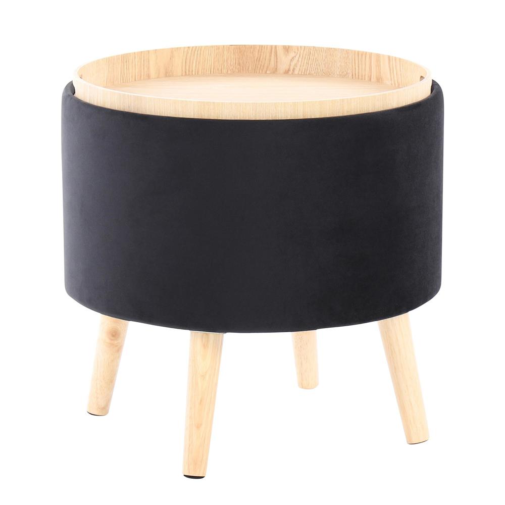Natural Wood, Black Velvet Tray Storage Ottoman Set. Picture 6
