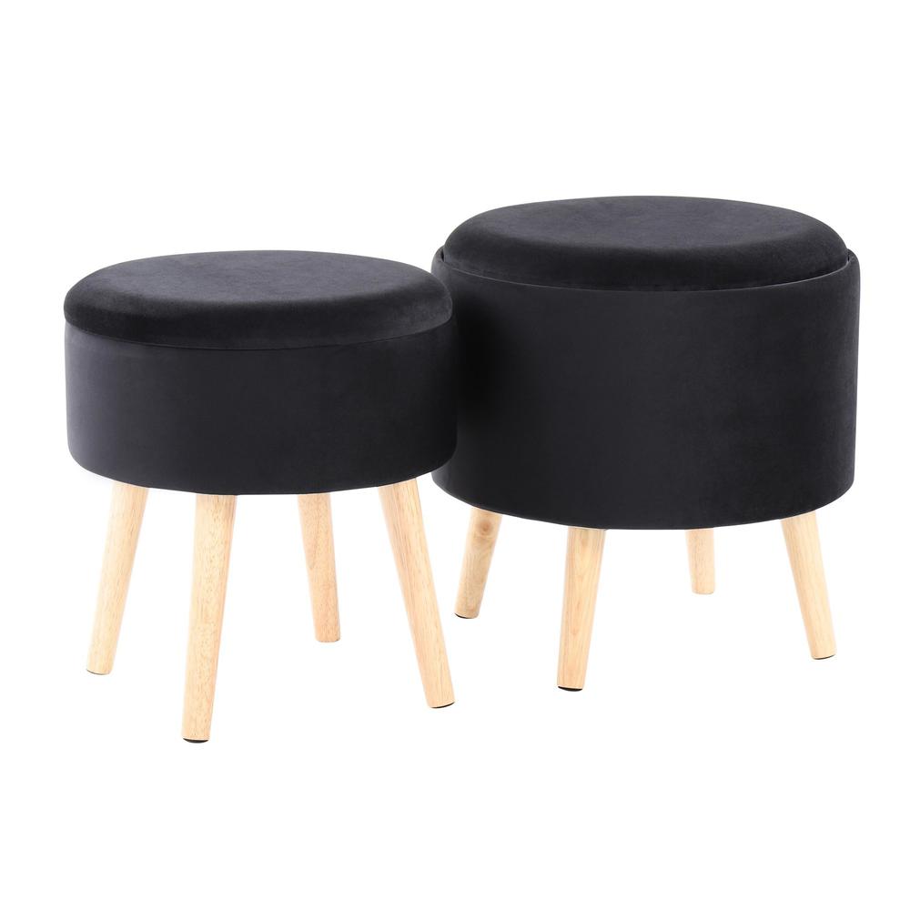 Natural Wood, Black Velvet Tray Storage Ottoman Set. Picture 1