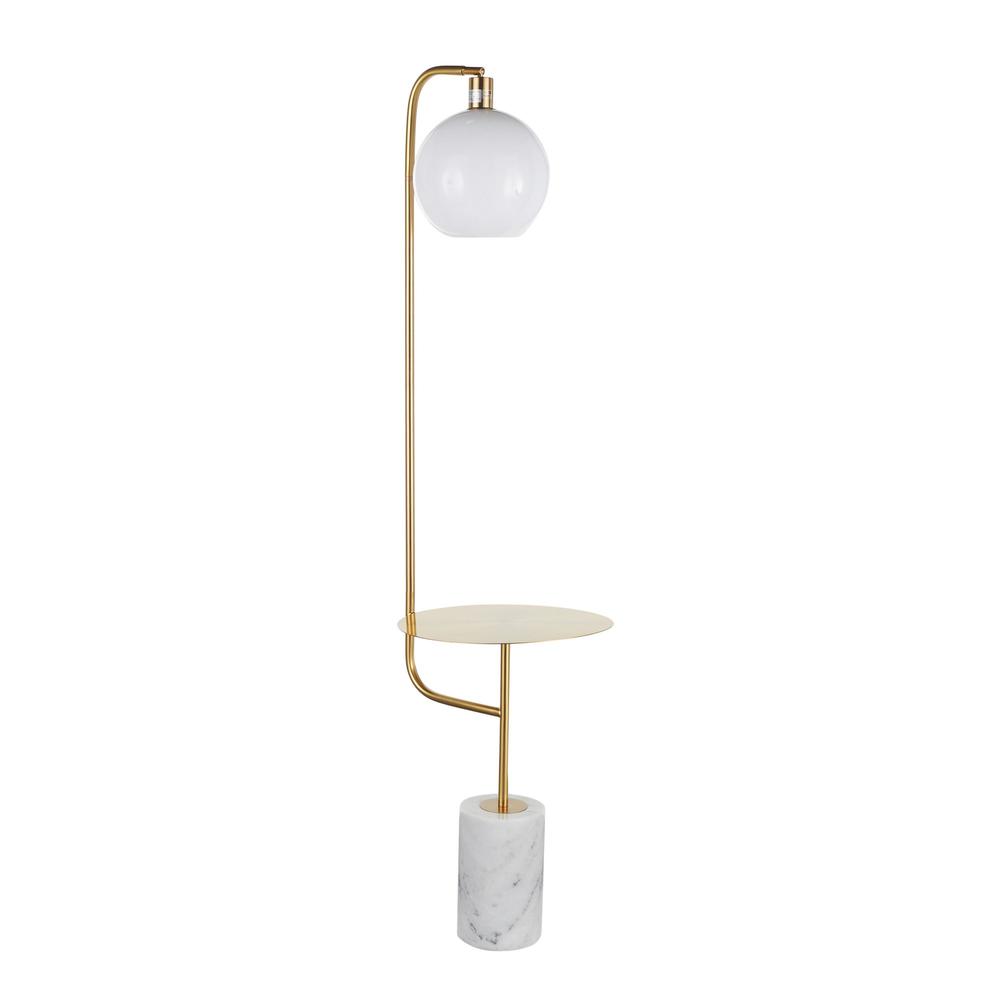 White Marble, Gold Metal, White Shade Symbol Floor Lamp with Side Table. Picture 1