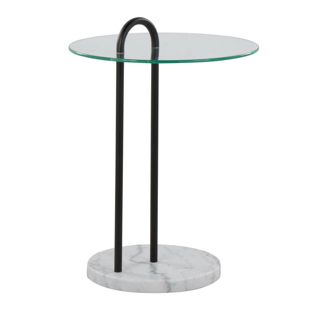 White Marble, Black Metal, Clear Glass Claire Side Table. Picture 3