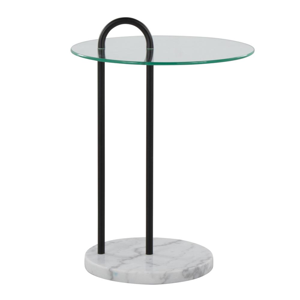 White Marble, Black Metal, Clear Glass Claire Side Table. Picture 2
