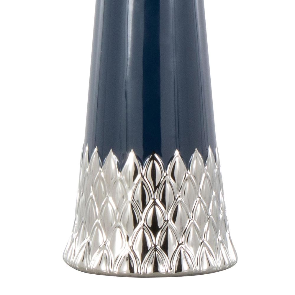 Dark Blue & Silver Ceramic Body, White Shade Penelope 22" Ceramic Table Lamp. Picture 4