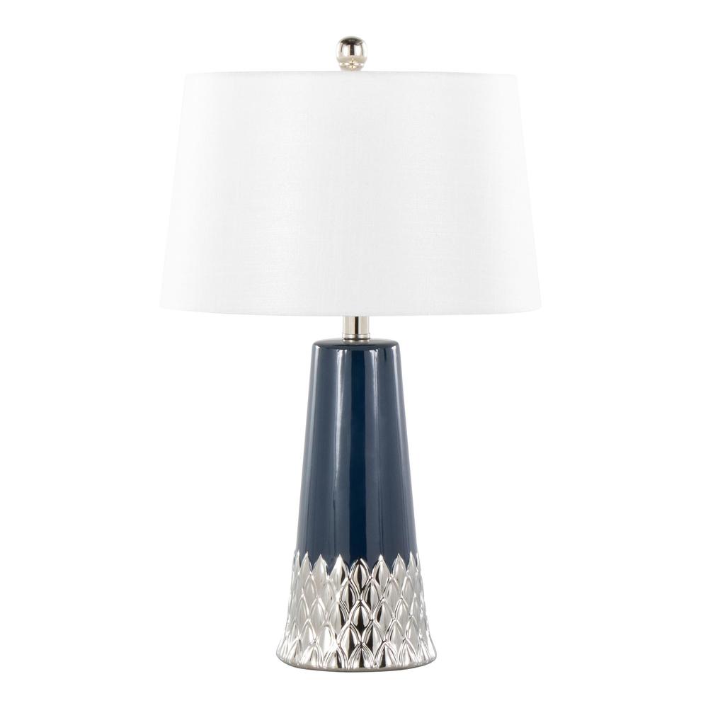 Dark Blue & Silver Ceramic Body, White Shade Penelope 22" Ceramic Table Lamp. Picture 1