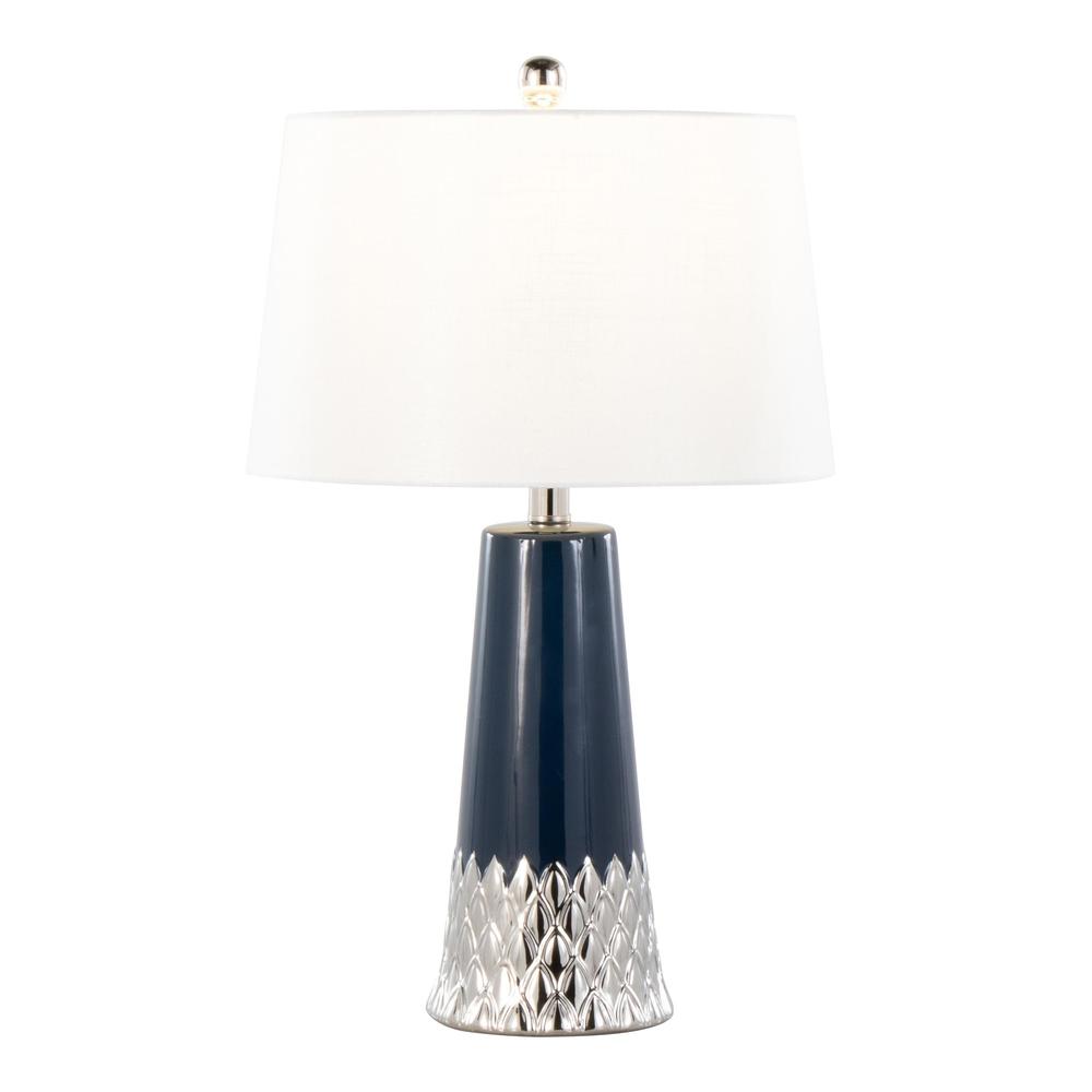 Dark Blue & Silver Ceramic Body, White Shade Penelope 22" Ceramic Table Lamp. Picture 2