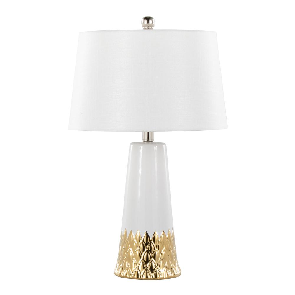 White & Gold Ceramic Body, White Shade Penelope 22" Ceramic Table Lamp. Picture 1