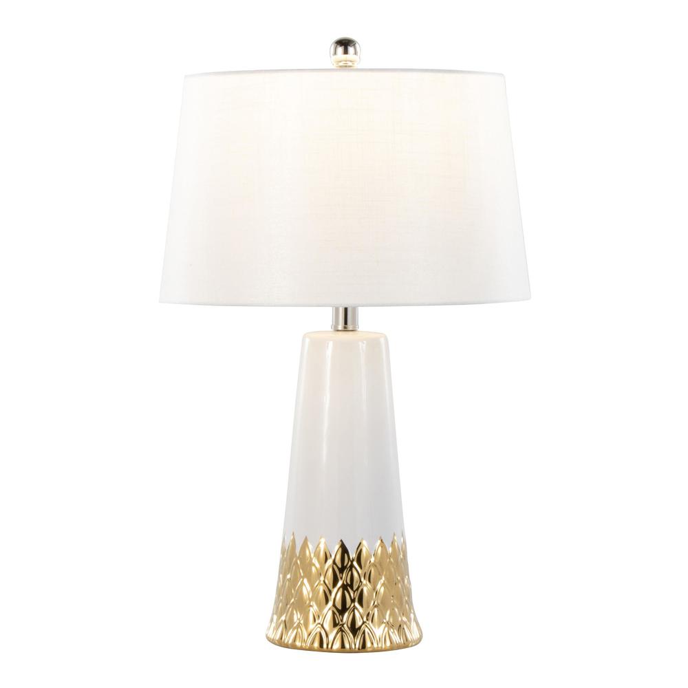 White & Gold Ceramic Body, White Shade Penelope 22" Ceramic Table Lamp. Picture 2