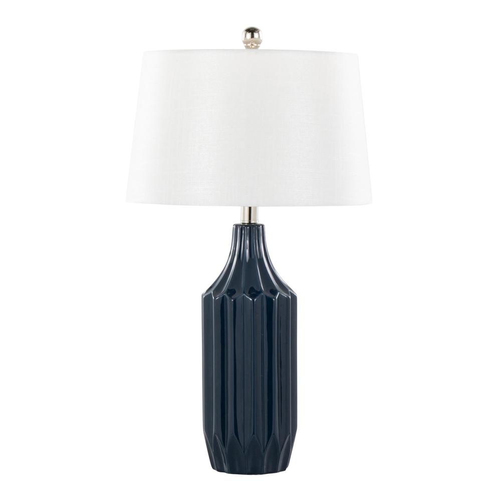 Gloss Dark Blue Ceramic, White Shade Stella 23" Ceramic Table Lamp. Picture 1