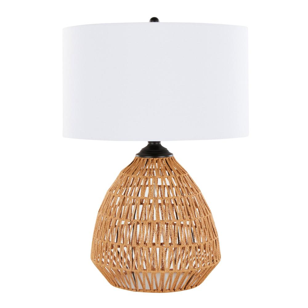 Natural Rope Rattan, Matte Black Metal, White Linen Congo 29" Rattan Table Lamp. Picture 1
