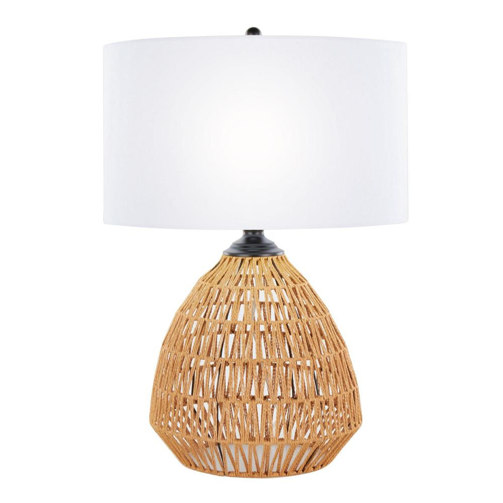 Natural Rope Rattan, Matte Black Metal, White Linen Congo 29" Rattan Table Lamp. Picture 2